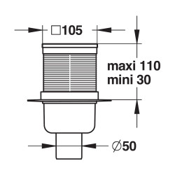 Siphon de sol 105x105 mm 48l/min sortie verticale Ø50