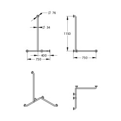 Barre d'angle ø34 -aluminium gainé ABS antibactérien blanc 1150 x 750 x 750 mm