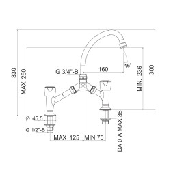 Mélangeur lavabo 2 trous, tête à clapet, bec 160mm