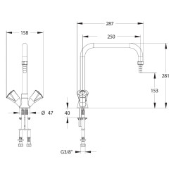 Mélangeur noir, saillie 250 mm, embout démontable Ø10 mm, eau potable