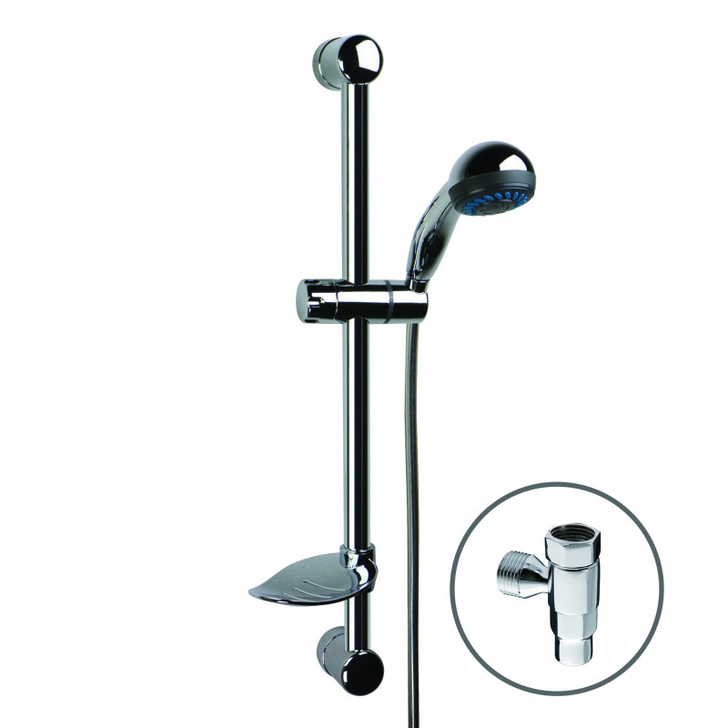 Kit douche avec barre, porte-savon, douchette 2 jets, flexible lisse 850mm
