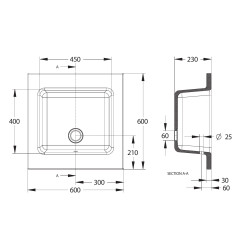 Dalle céramique 600 x 600 mm avec cuve 450 x 400 mm avec vidage
