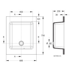 Dalle céramique 600 x 750 mm avec cuve 520 x 450 mm avec vidage