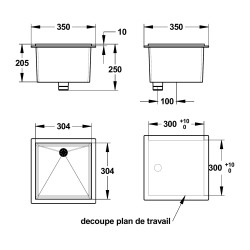 Bac simple gris sans trop-plein 30x30 cm (réf. 77016)
