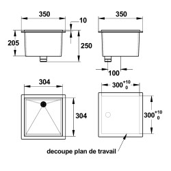 Bac simple noir sans trop-plein 30x30 cm (réf. 77017)