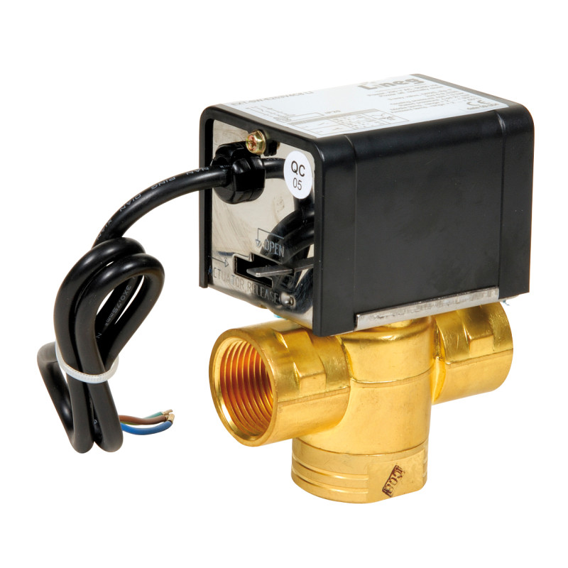 Vanne 3 voies fermée, retour ressort, moteur 230V, pression max 1,3 bar