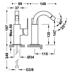 Cuadro tres mitigeur avec manette laterale pour bidet