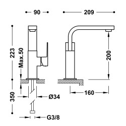Cuadro tres mitigeur avec manette laterale pour lavabo