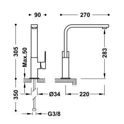 Cuadro tres mitigeur haut avec manette laterale pour lavabo