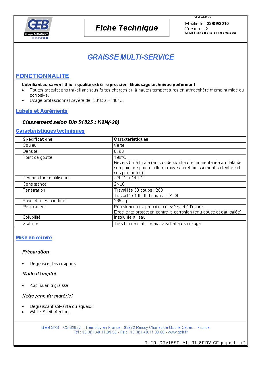 Fiche technique fournisseur