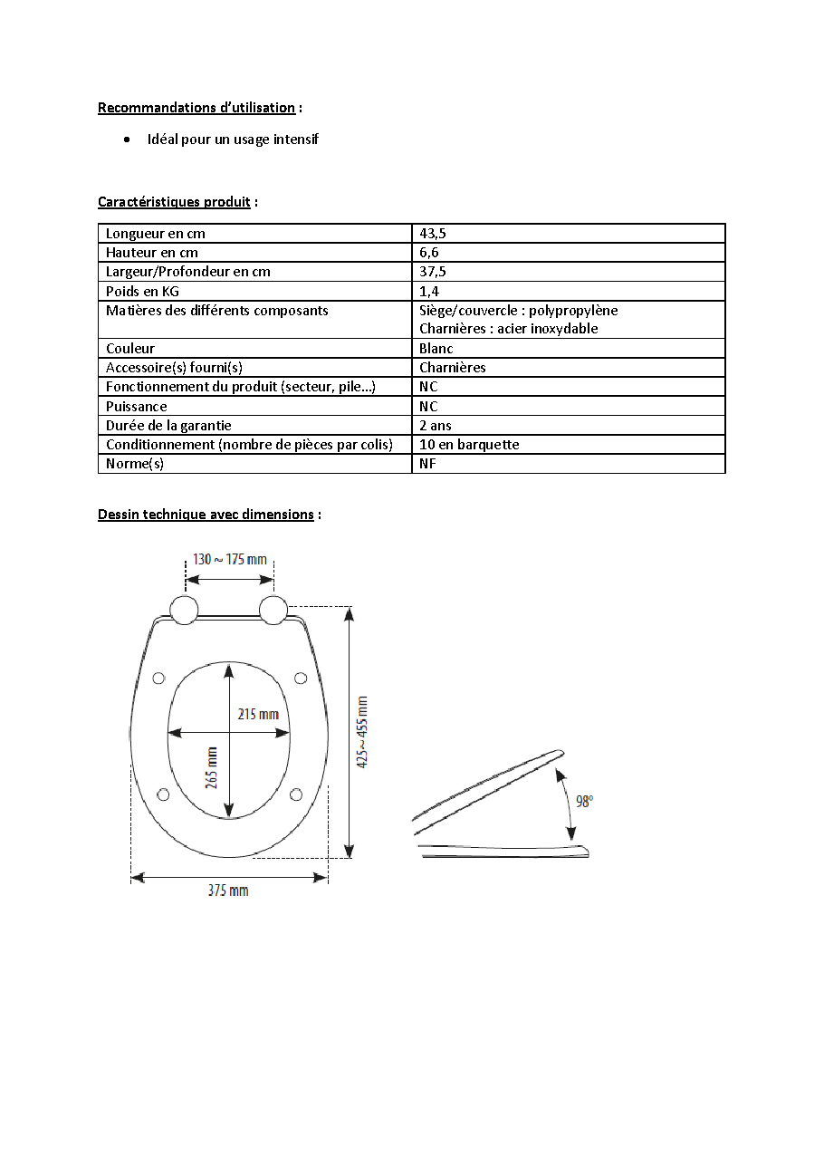Fiche technique fournisseur