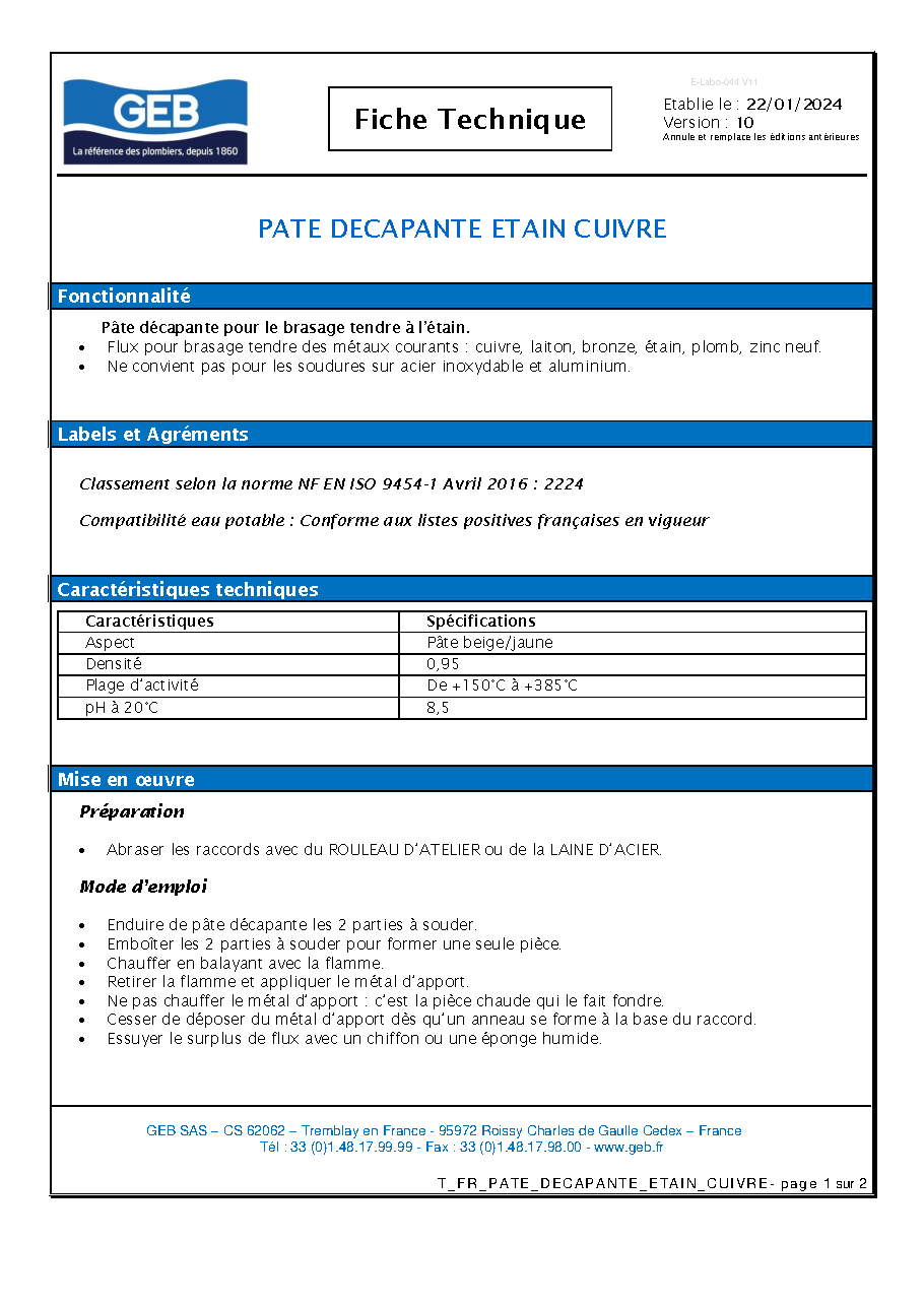 Fiche technique fournisseur
