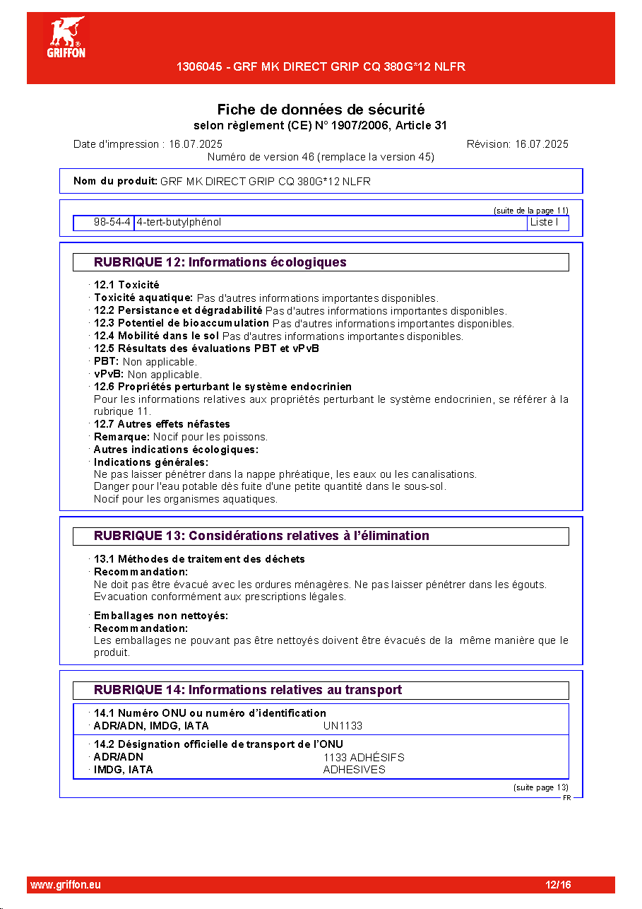 Fiche technique fournisseur