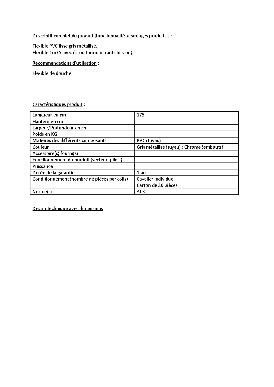 Fiche technique fournisseur