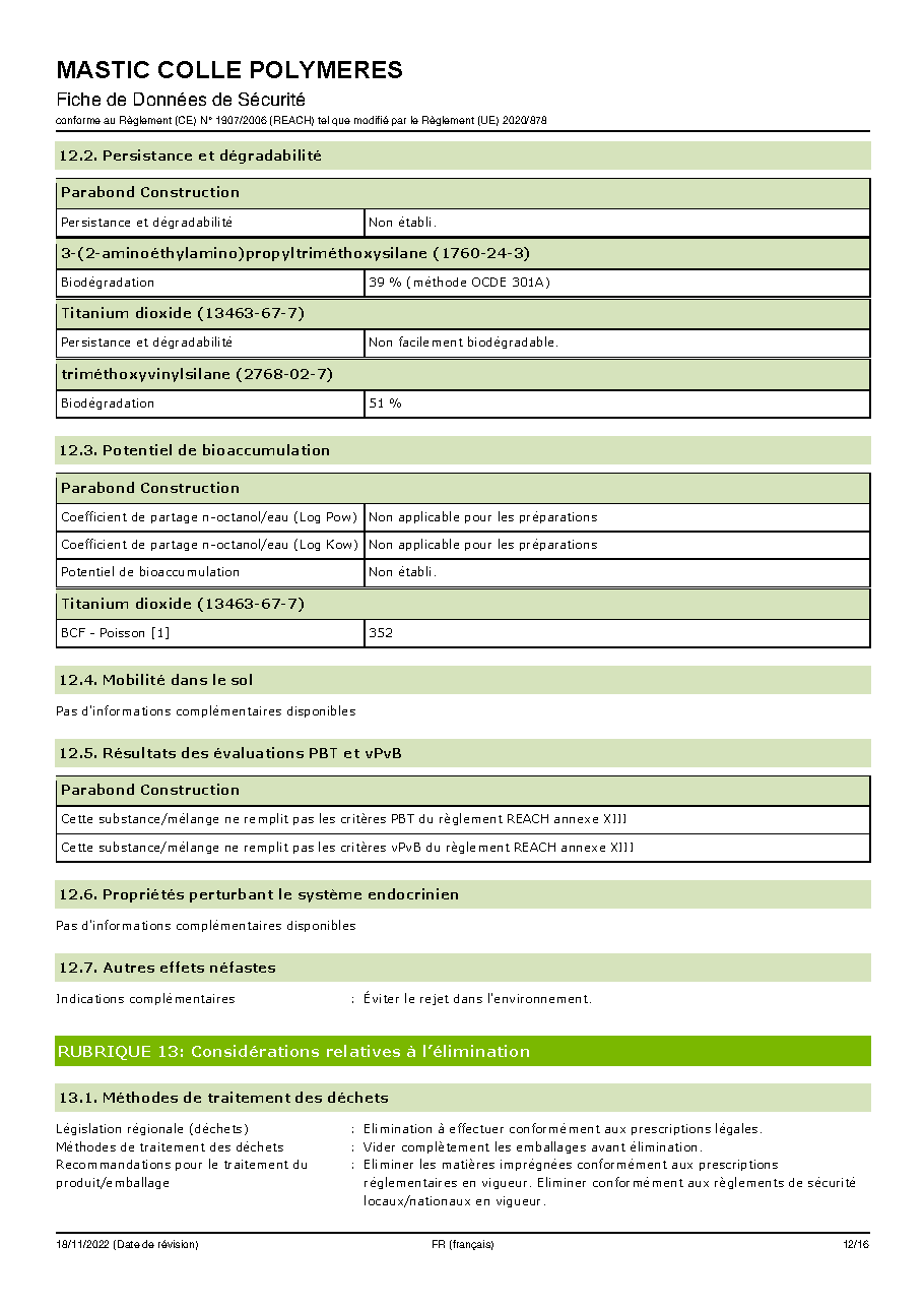 Fiche technique fournisseur