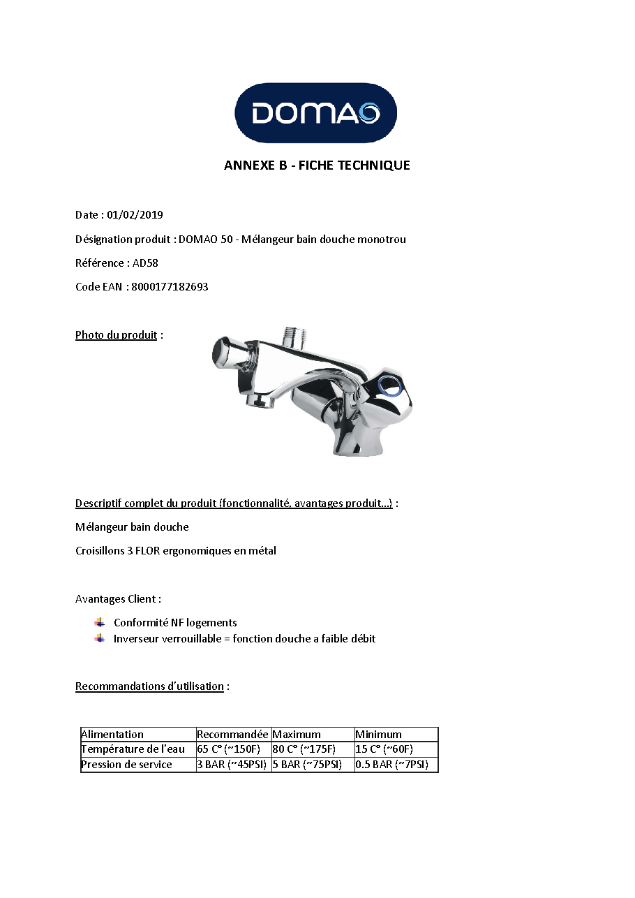 Fiche technique fournisseur