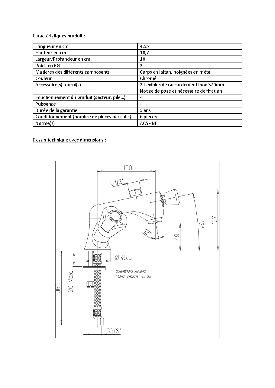 Fiche technique fournisseur