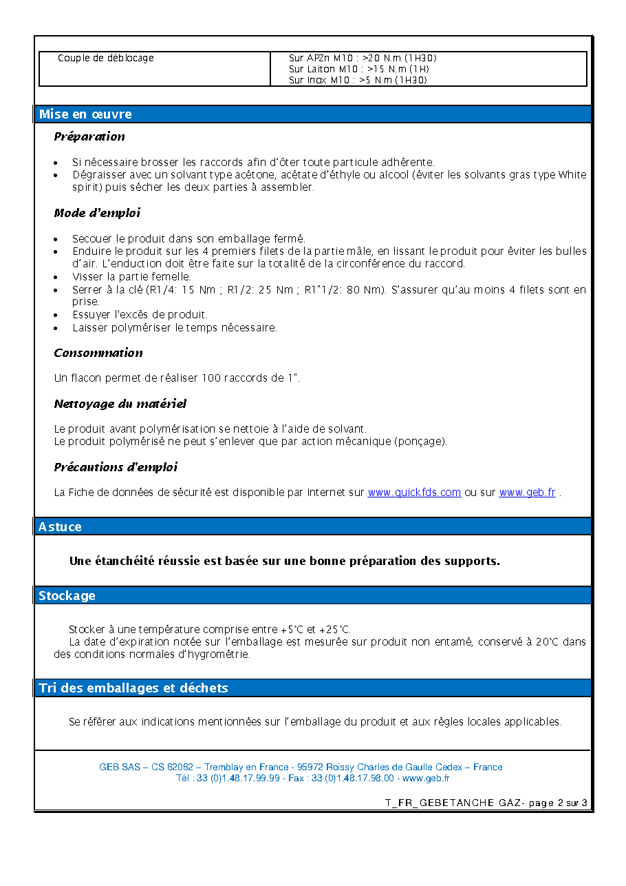 Fiche technique fournisseur