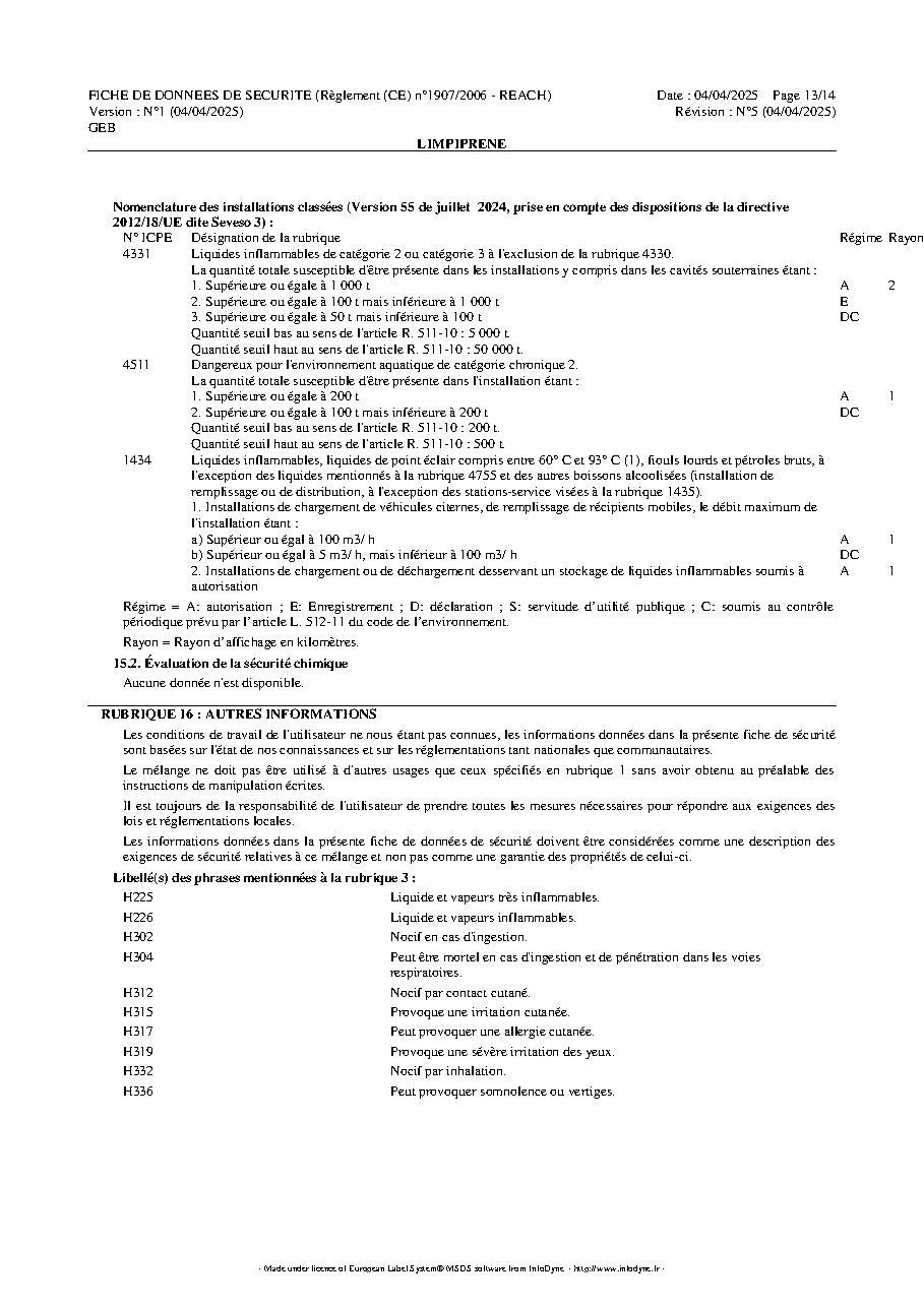 Fiche technique fournisseur