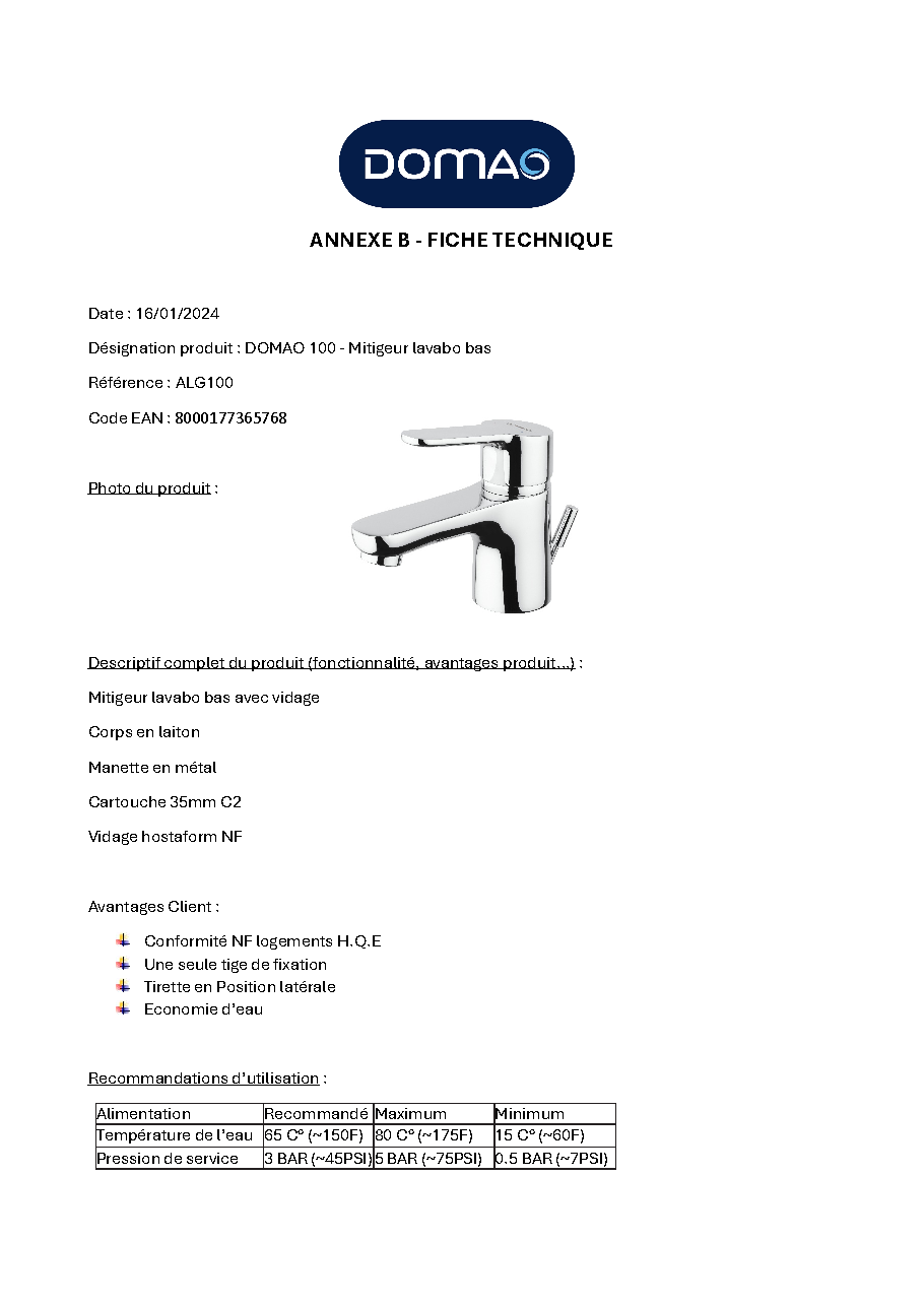 Fiche technique fournisseur