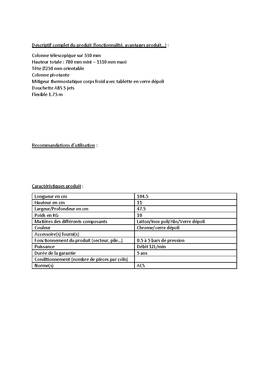 Fiche technique fournisseur