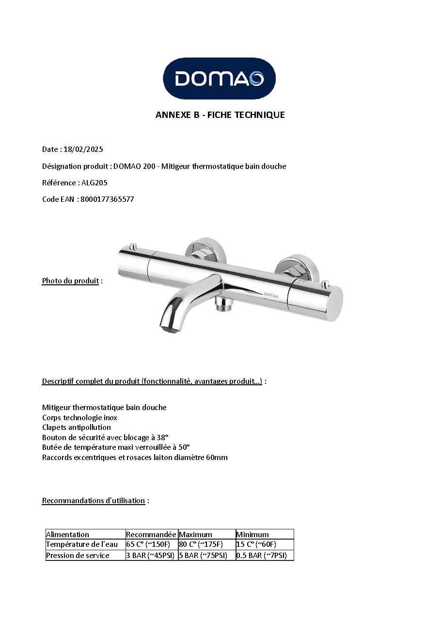Fiche technique fournisseur