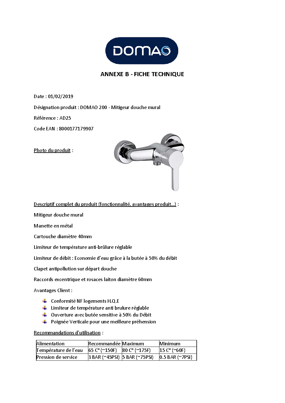 Fiche technique fournisseur