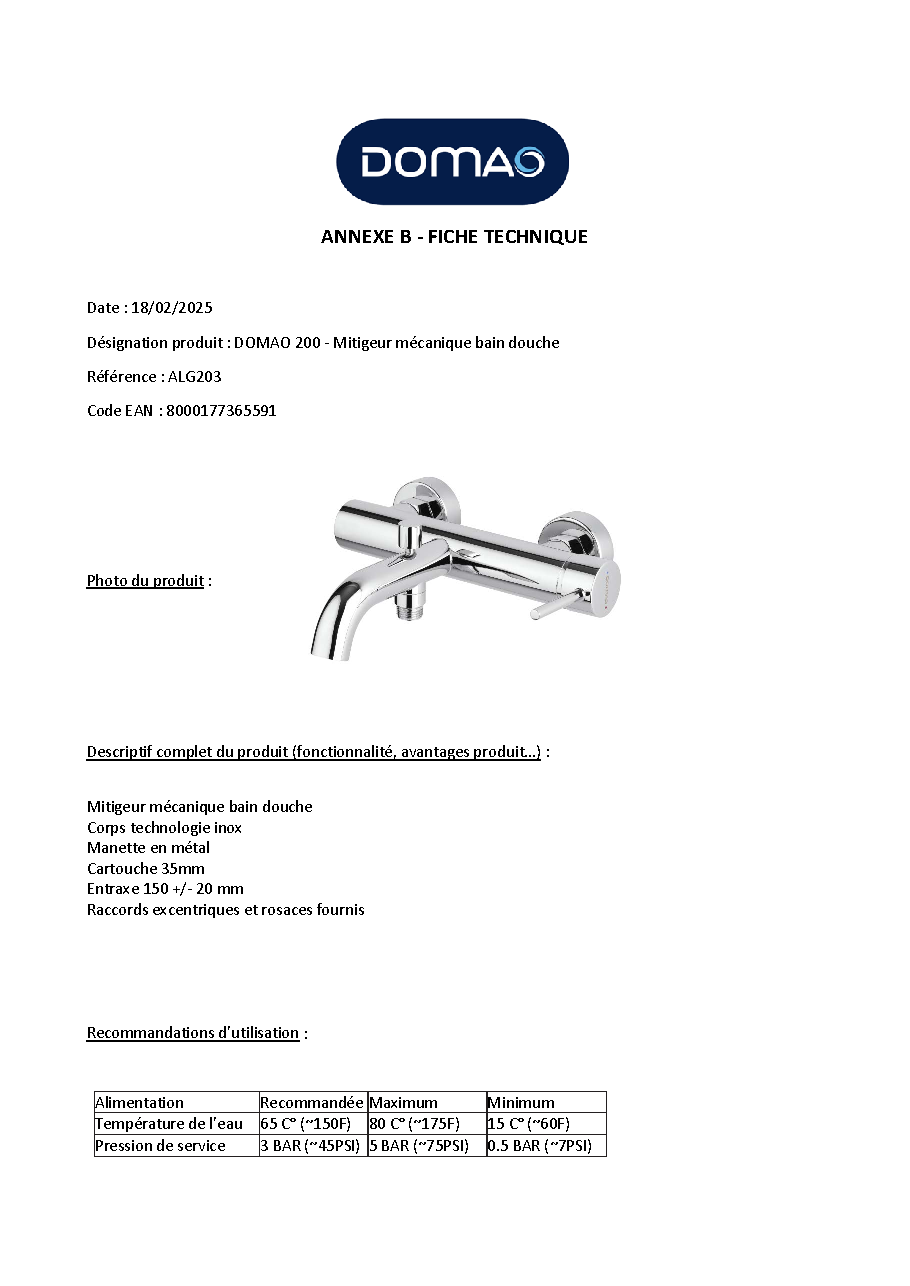 Fiche technique fournisseur