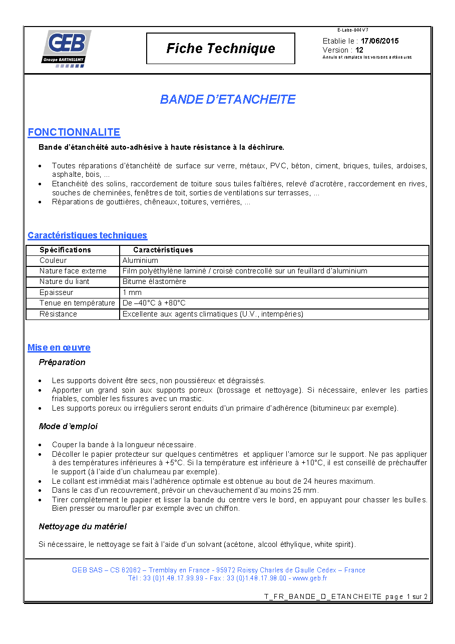 Fiche technique fournisseur