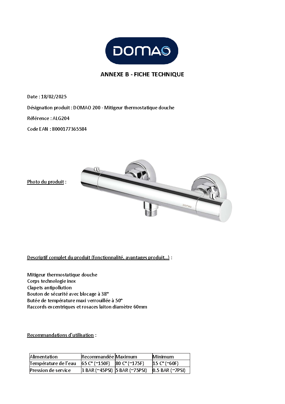 Fiche technique fournisseur