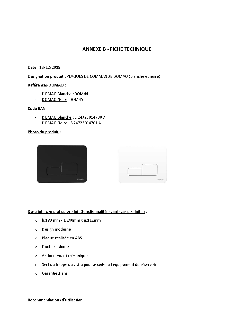 Fiche technique fournisseur