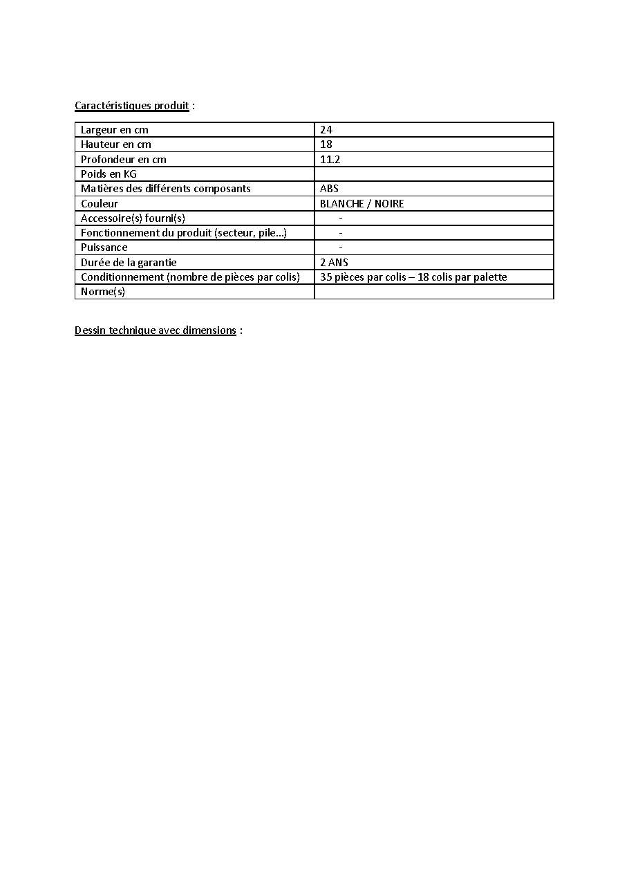 Fiche technique fournisseur