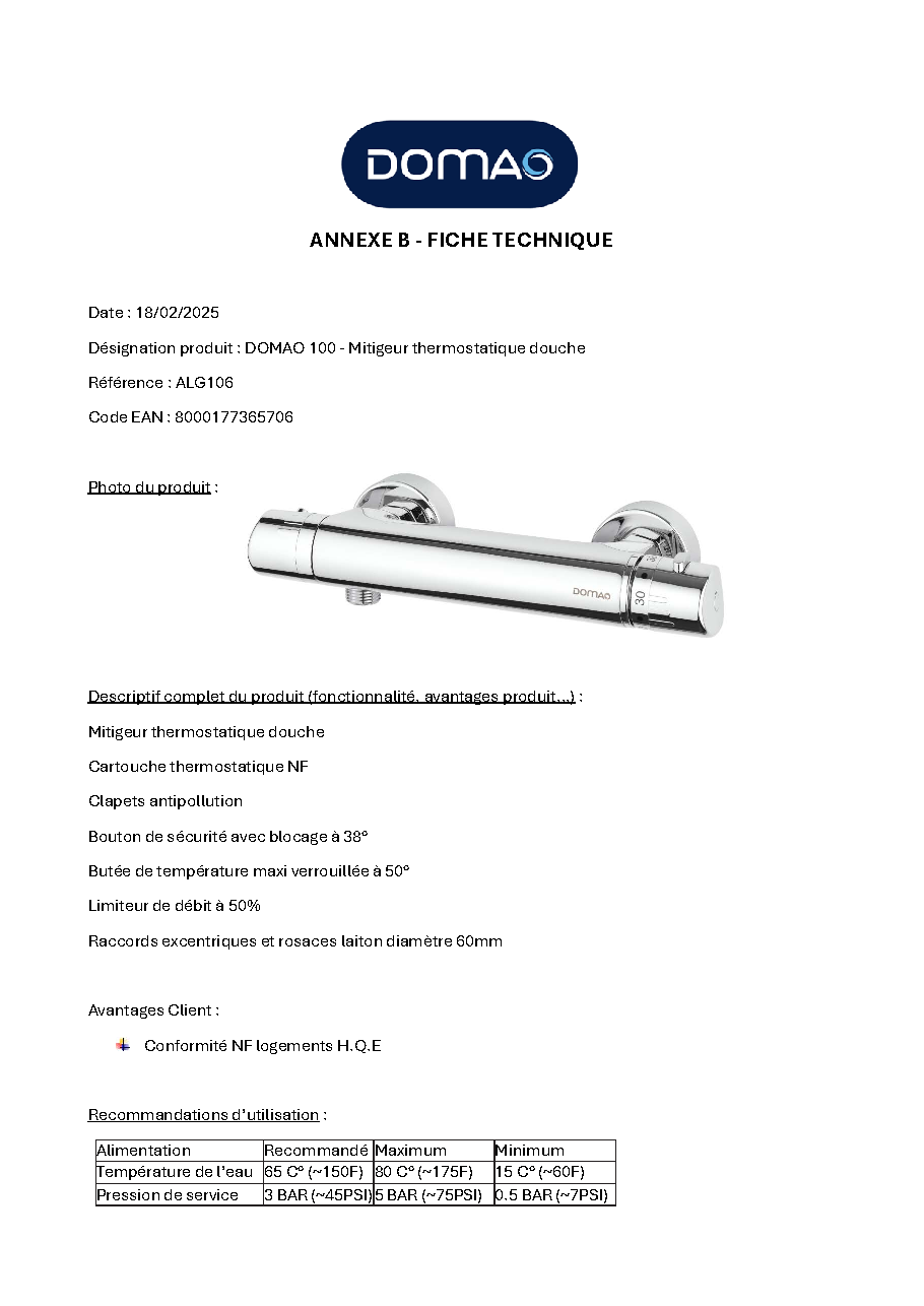 Fiche technique fournisseur