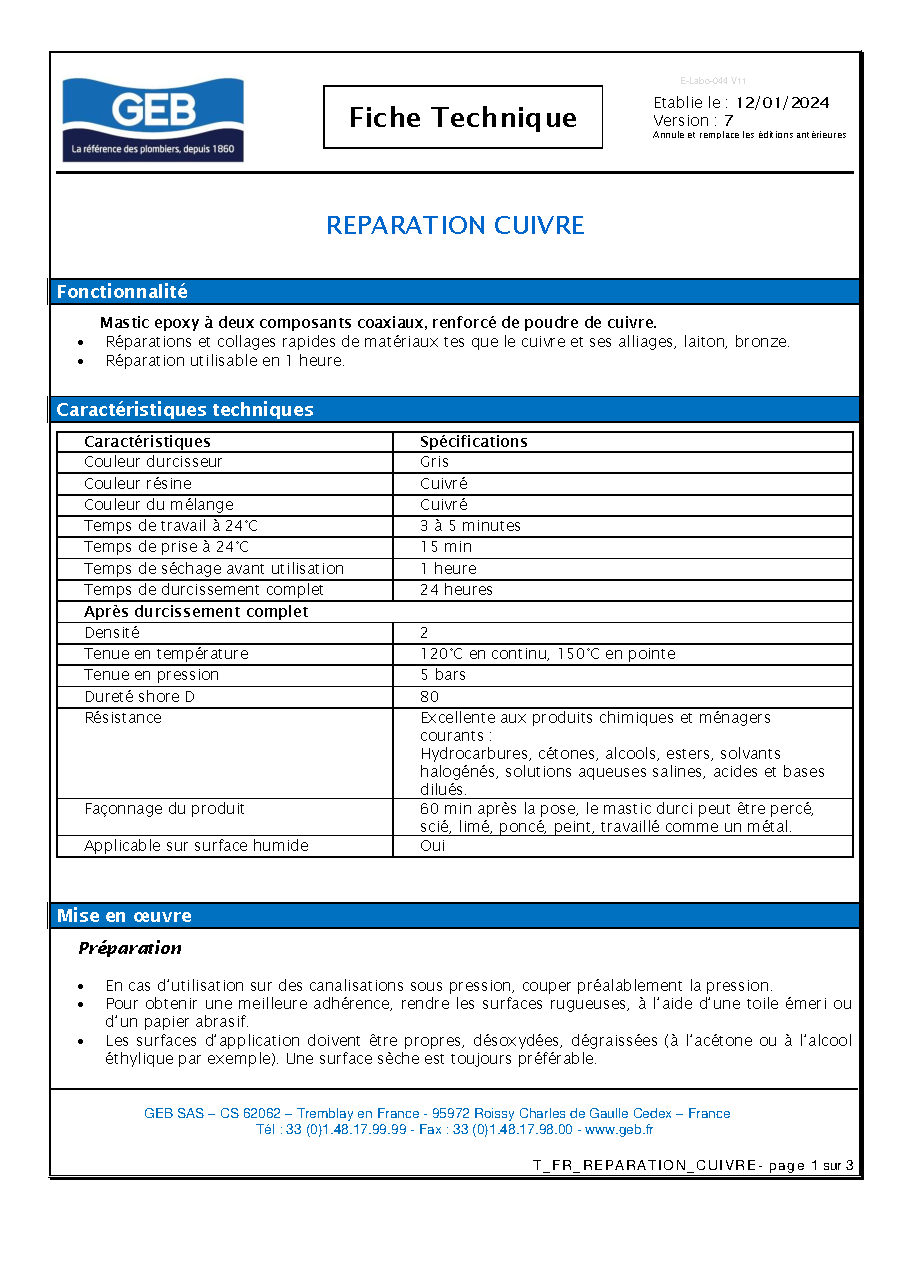 Fiche technique fournisseur