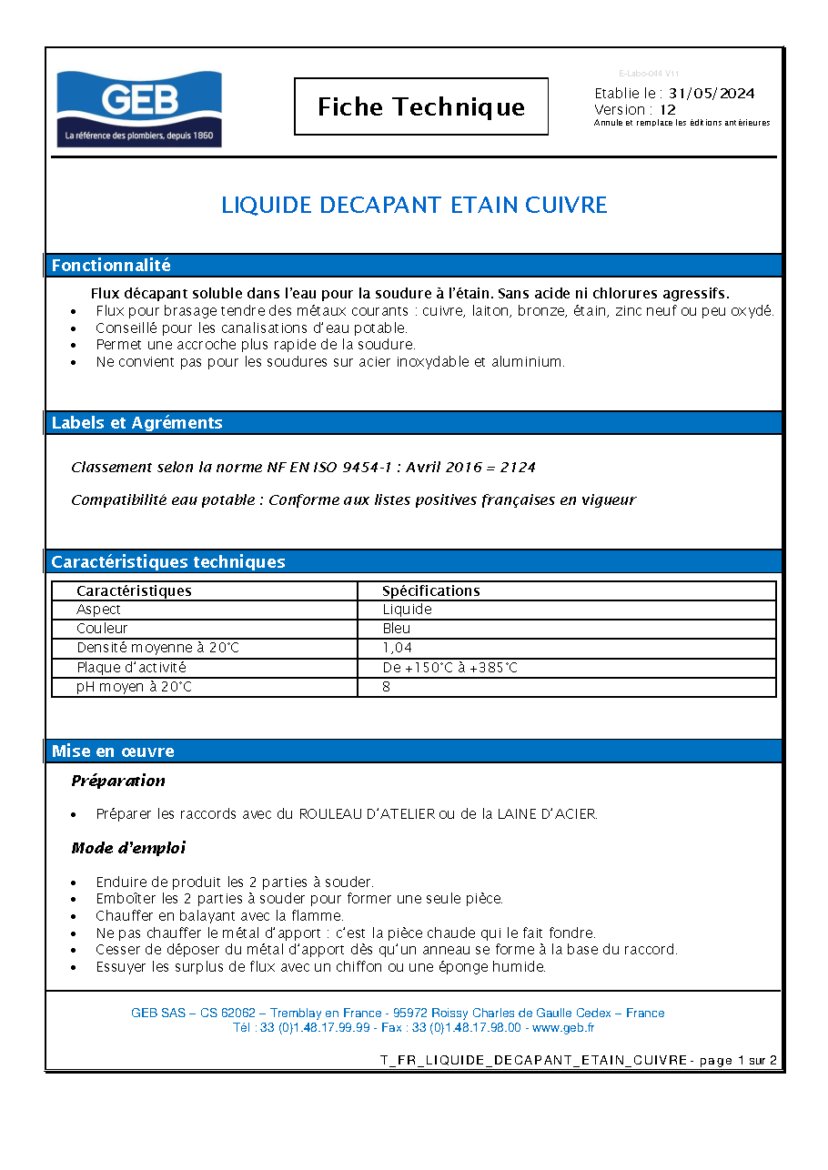 Fiche technique fournisseur