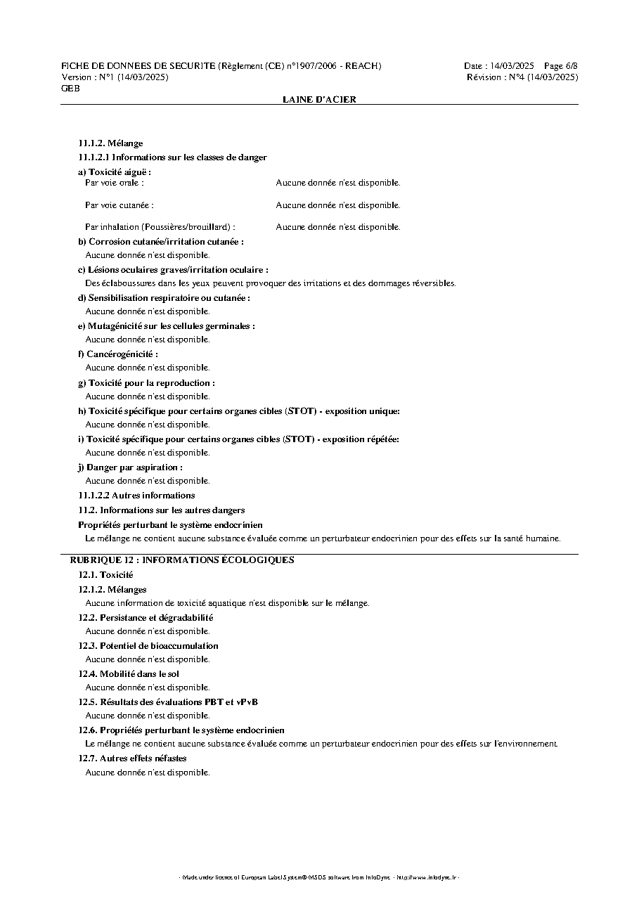 Fiche technique fournisseur