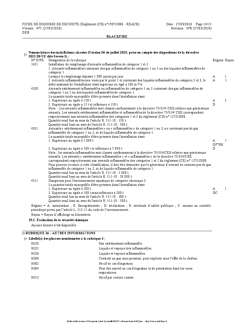 Fiche technique fournisseur
