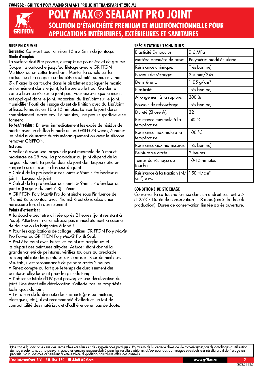 Fiche technique fournisseur