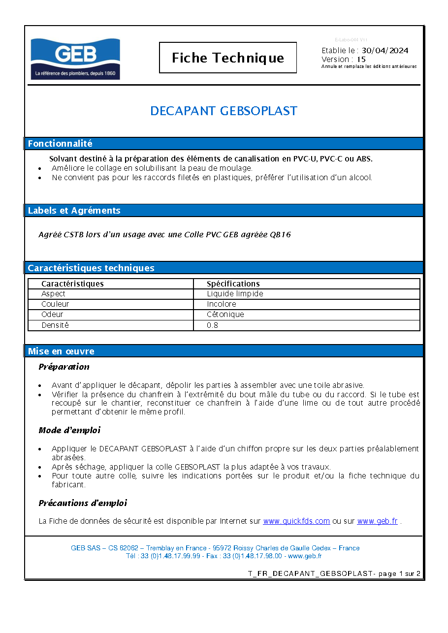 Fiche technique fournisseur
