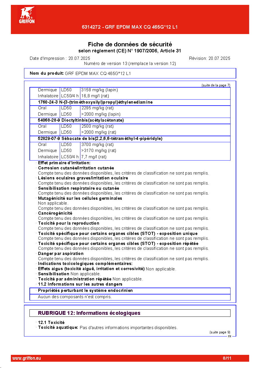 Fiche technique fournisseur
