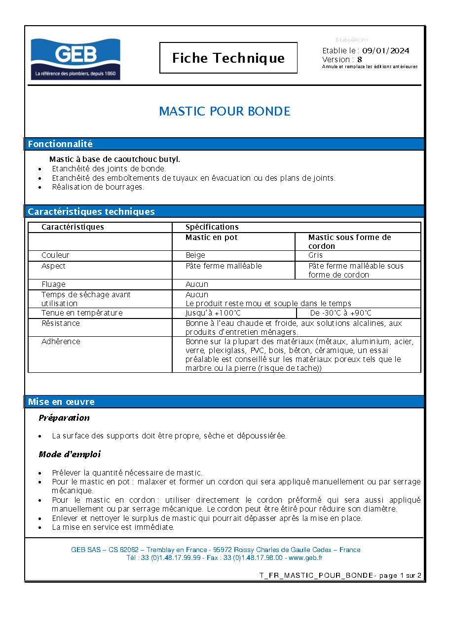 Fiche technique fournisseur
