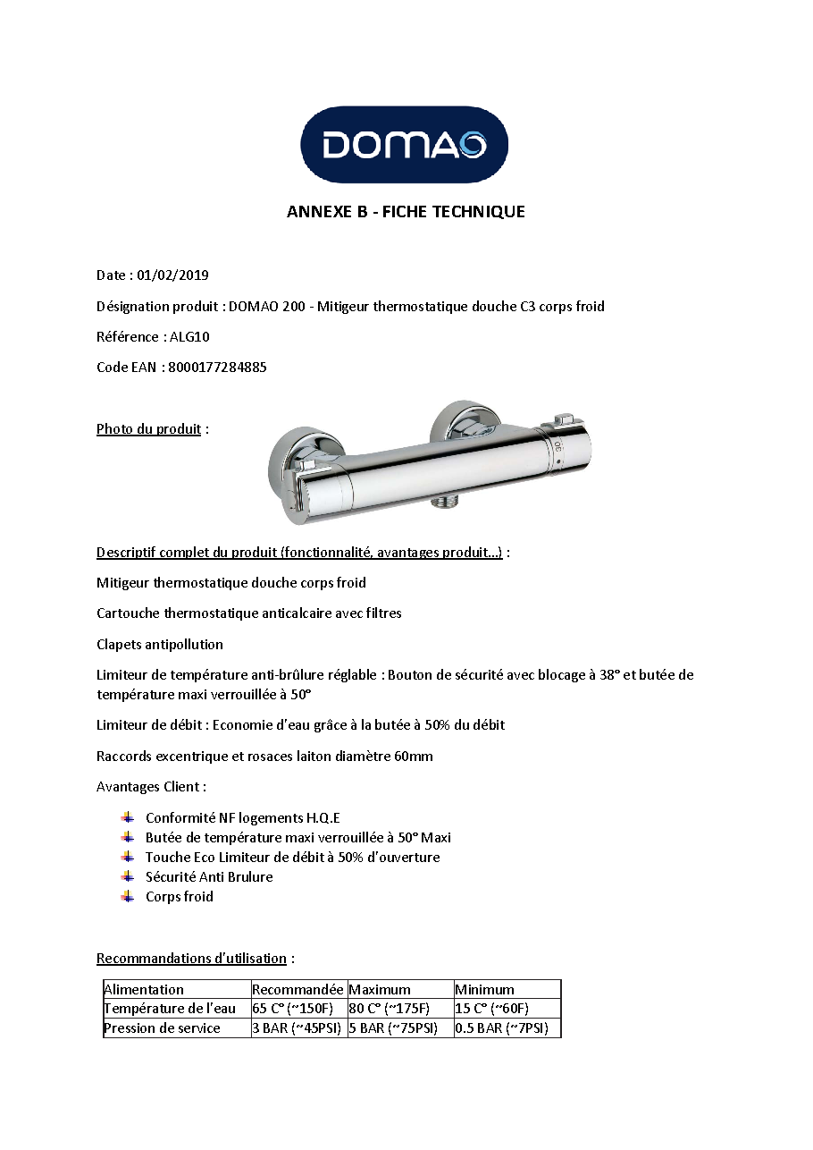 Fiche technique fournisseur