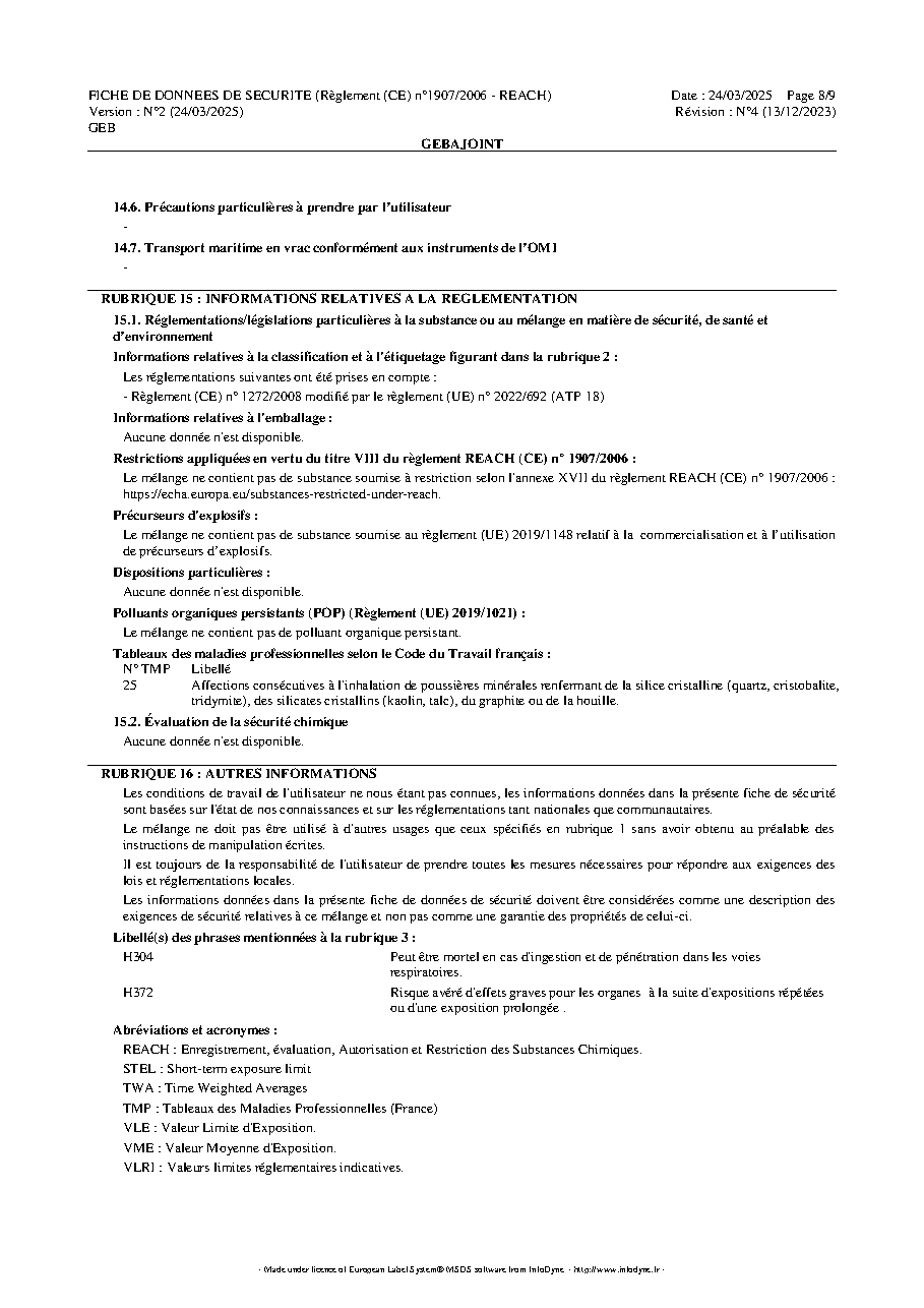 Fiche technique fournisseur