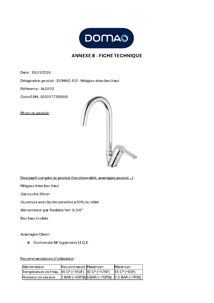 Fiche technique fournisseur