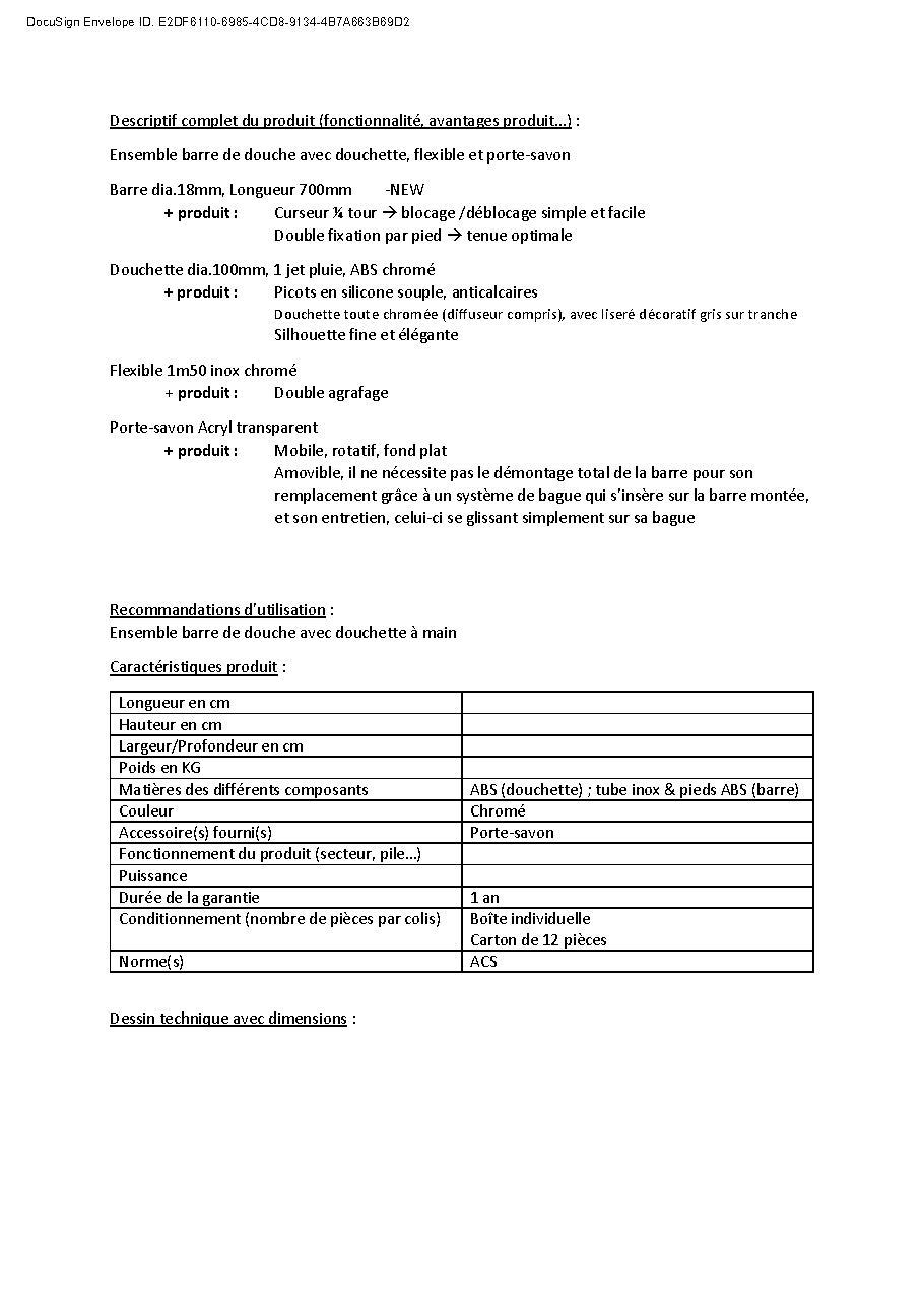 Fiche technique fournisseur