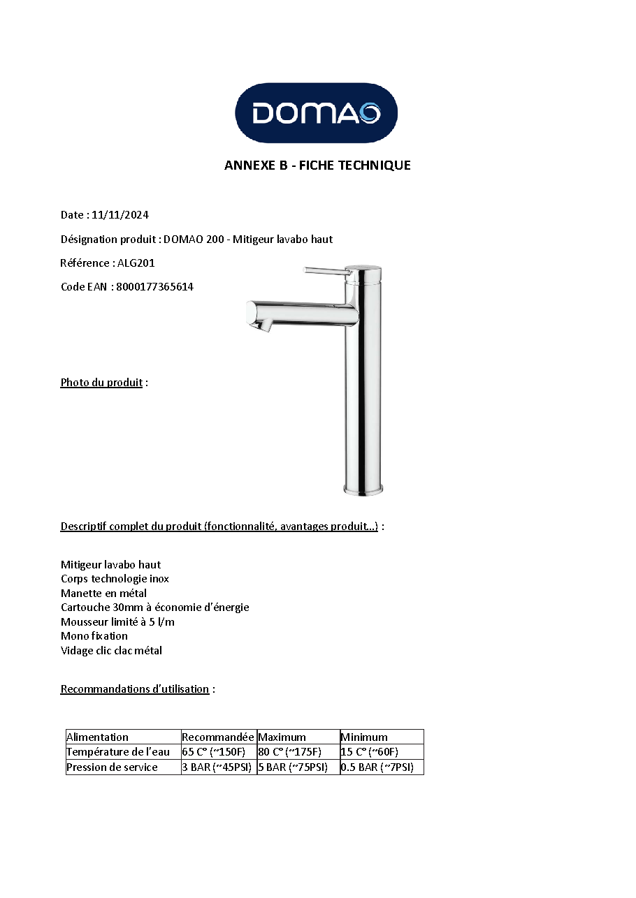 Fiche technique fournisseur