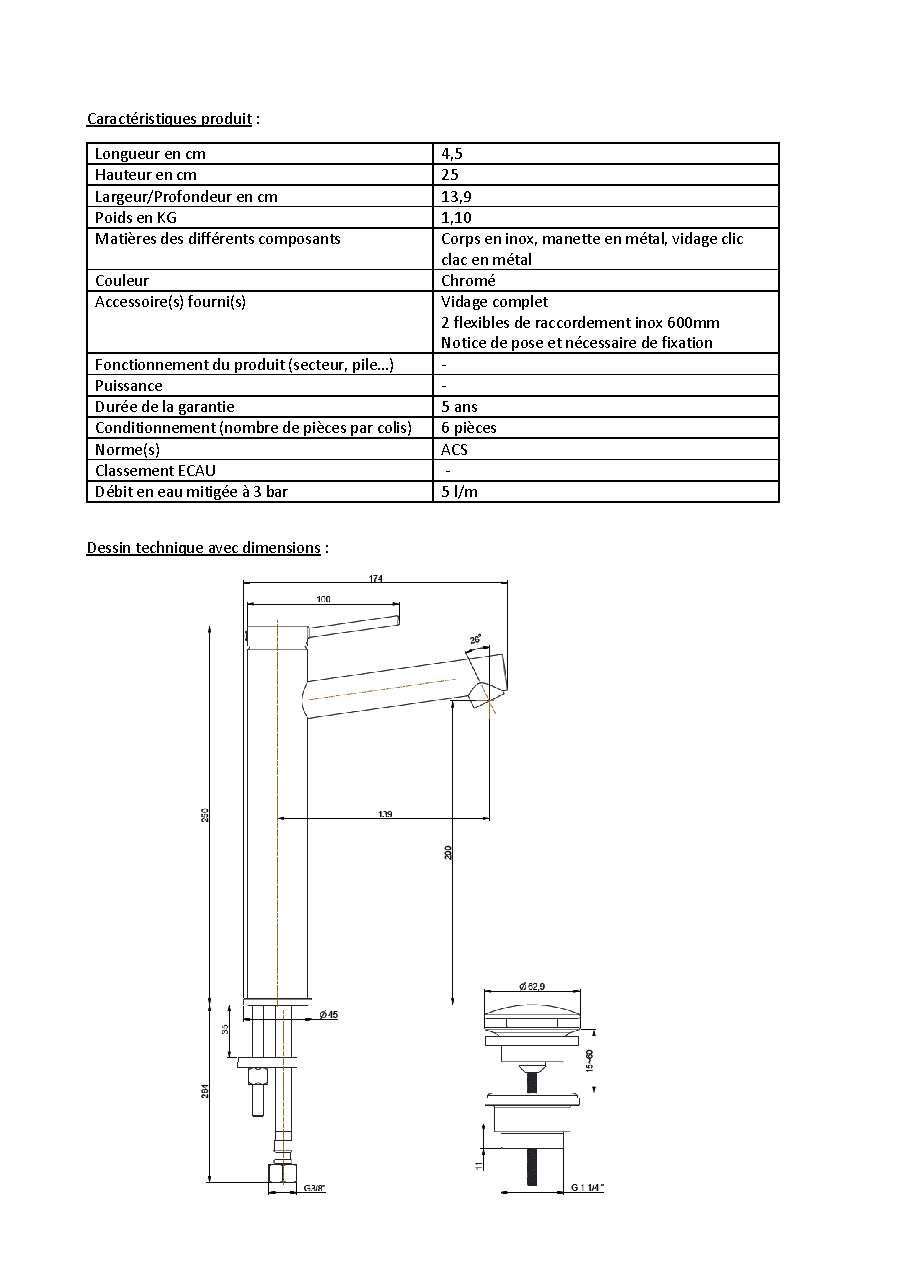 Fiche technique fournisseur