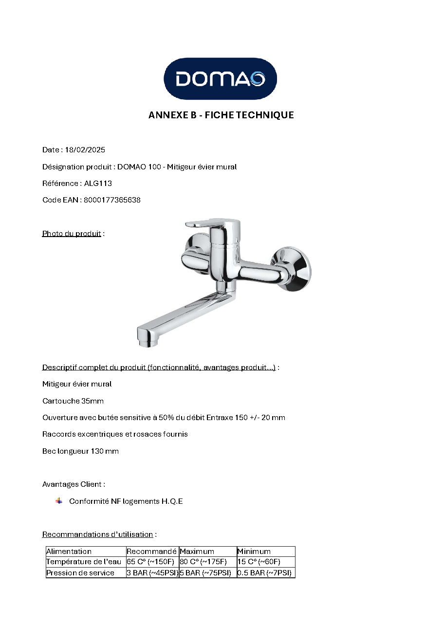 Fiche technique fournisseur