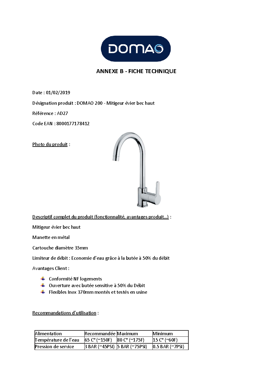 Fiche technique fournisseur
