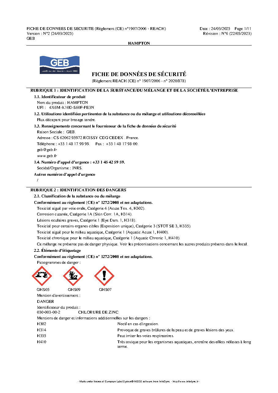 Fiche technique fournisseur
